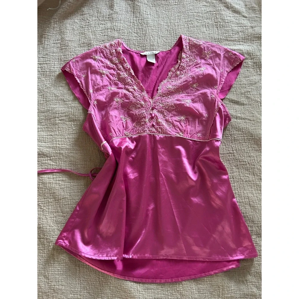 Vtg Tweeds Pink Embroidered Babydoll Cap Sleeve Tunic Tie Waist L Coquette Fairy - Picture 3 of 14